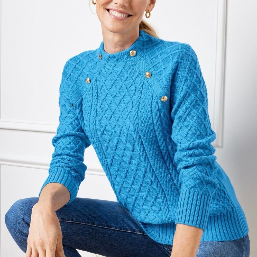 Talbots Women’s L Mockneck Cable Knit Sweater Blue Gold Embellished Buttons EUC